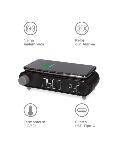 Cargador Inalambrico y Despertador KSIX Negro 10W